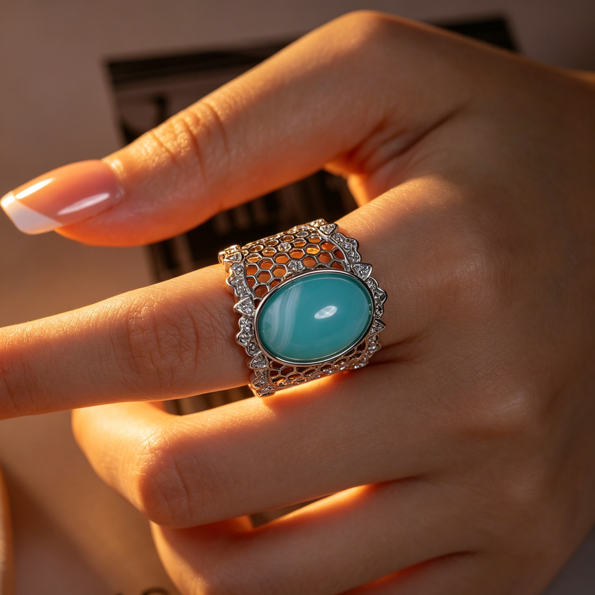 Retro Court Style Hollow Out Synthetic Turquoise Ring, Elegant Accessory